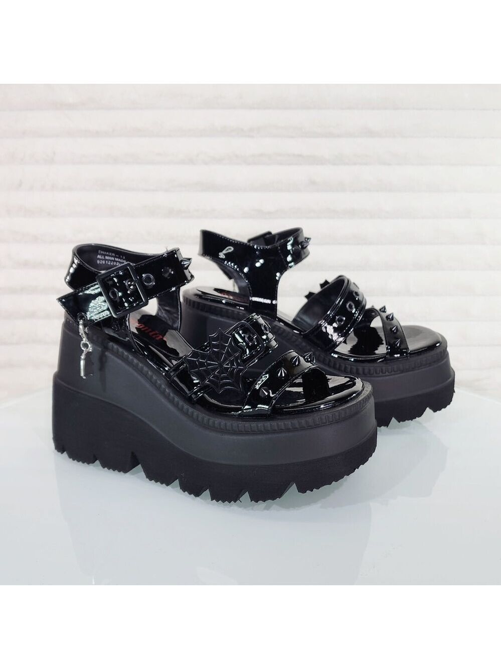 NIB Shaker 13 Black Out Patent 4.5" Wedge Heel Gothic Sandals Studs Charms - Picture 8 of 9